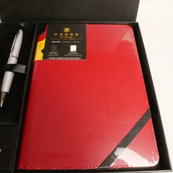 Cross Calais Satin Chrome Pen & Red Wired Journal Set NIB - Picture 2 of 5